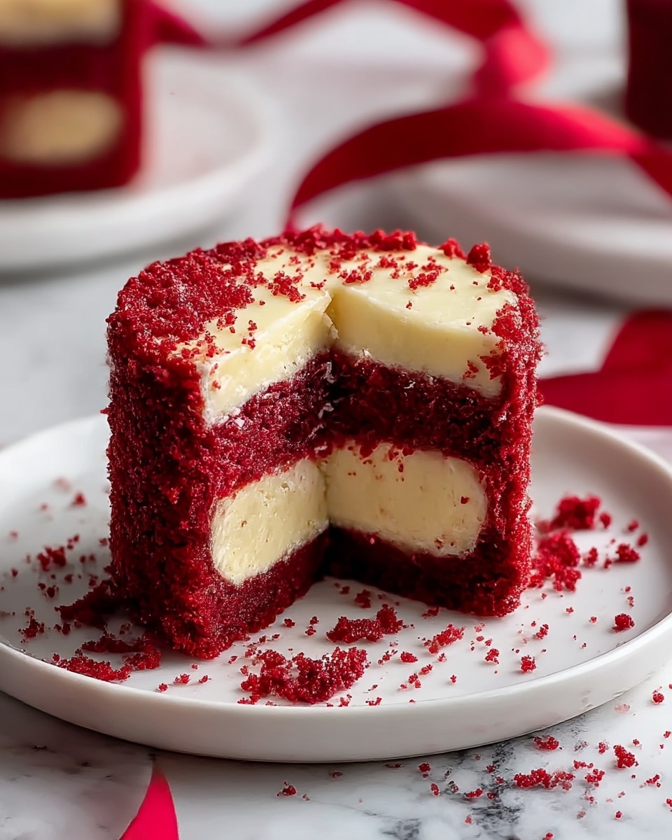 A close-up of a small round red velvet cake with cream cheese filling on a white plate. The cake has two visible layers of deep red velvet, rough in texture, with a thick, smooth, creamy white filling in the center and top, forming a swirl shape. Red velvet crumbs are scattered on the plate and the side of the cake. The background shows a white marbled surface and a ribbon in deep red color, blurred softly. Photo taken with an iphone --ar 4:5 --v 7
