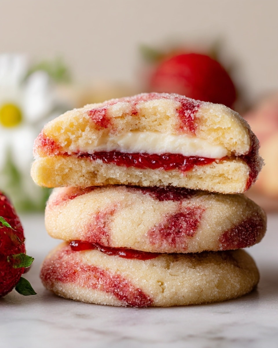 A stack of three cookies with a soft, sugar-coated texture and swirls of red strawberry jam mixed into the light golden dough. The top cookie is cut in half, showing two clear layers inside: a smooth white cream filling on the bottom and a thick, slightly chunky red strawberry jam layer above it, both surrounded by the soft cookie dough. The cookies rest on a white marbled surface with blurred strawberries in the background, and a hint of a small white flower on the side. photo taken with an iphone --ar 4:5 --v 7
