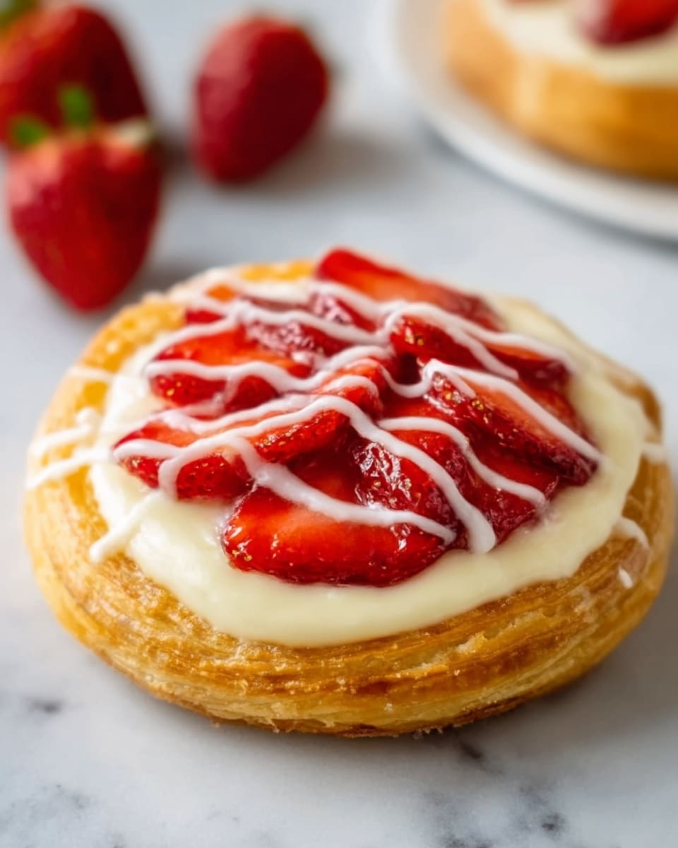 A round Danish pastry with golden-brown flaky layers forms the base, topped with a smooth white cream layer, followed by bright red sliced strawberries arranged in the center. A drizzle of white icing zigzags across the top, giving a shiny contrast. The pastry rests on a white plate with a white marbled texture background. photo taken with an iphone --ar 4:5 --v 7