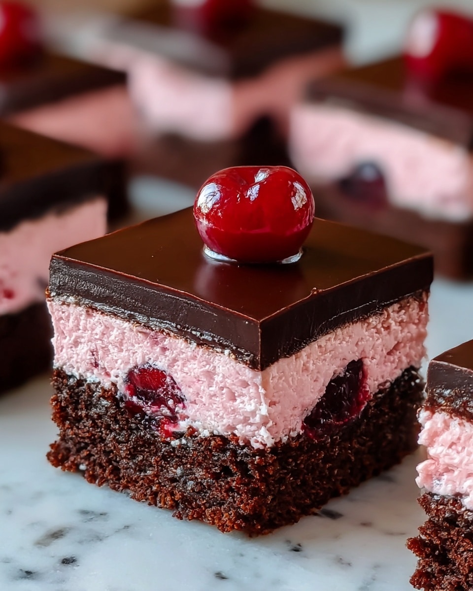 The image shows a close-up of a square chocolate dessert with three clear layers visible from the side. The bottom layer is a dense, dark chocolate brownie base with a slightly crumbly texture at the edges. The middle layer is a thick, smooth pink cream filled with pieces of bright red cherries embedded within it. The top layer is a glossy, shiny dark chocolate ganache that covers the whole square smoothly, with a single, glossy red cherry placed right in the center on top. The dessert pieces are placed on white parchment paper over a white marbled surface, with other similar squares blurred in the background. photo taken with an iphone --ar 4:5 --v 7