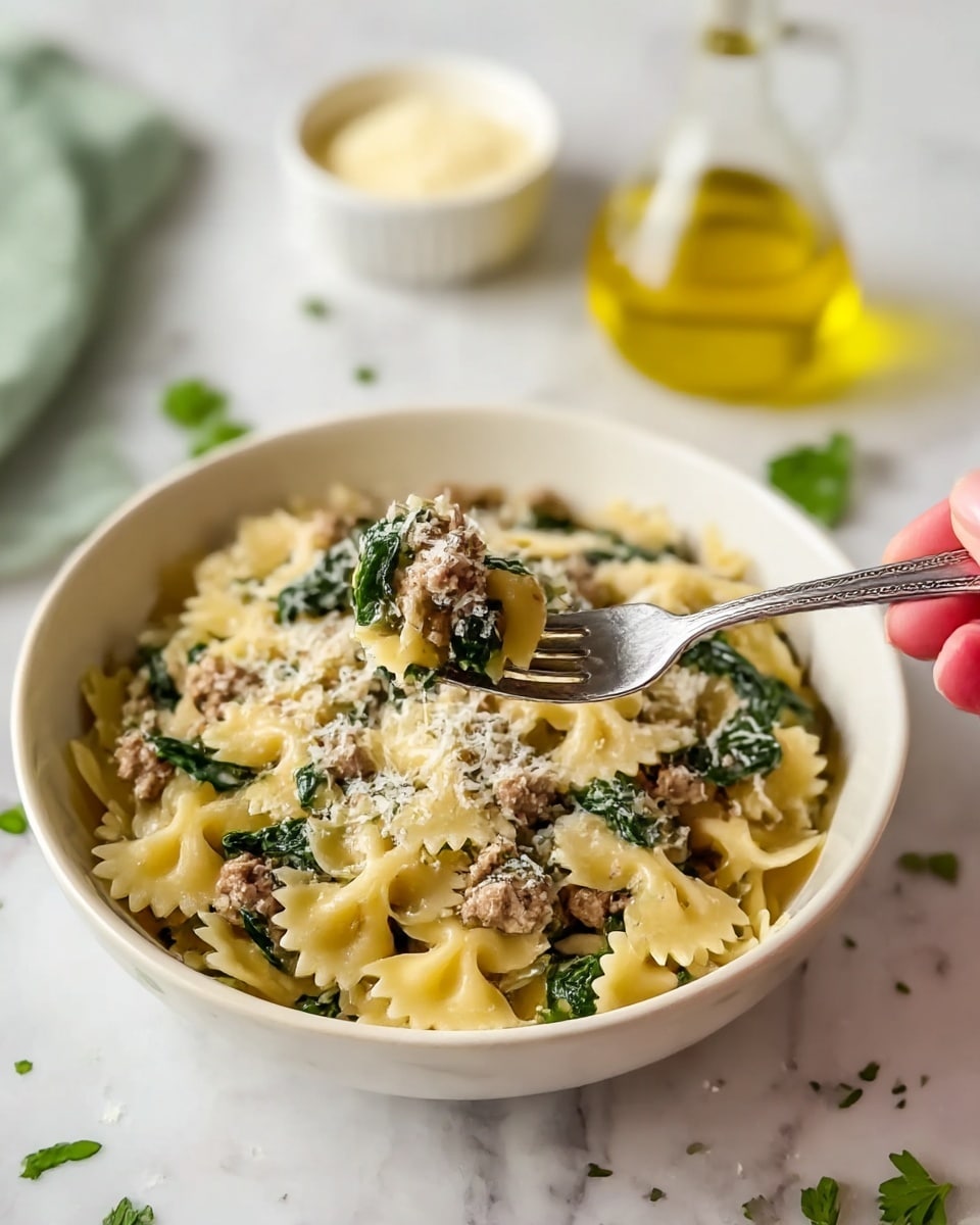 A close-up view of a white bowl filled with creamy pasta mixed with ground meat and green spinach leaves. The pasta is bow-tie shaped with a light yellow color, layered with soft ground meat pieces that have a brownish color and small black pepper specks. The green spinach adds a fresh contrast throughout the dish. A silver fork lifts a portion showing a few bow-tie pasta pieces, spinach, and meat coated with a creamy white sauce. The bowl sits on a light green cloth on a white marbled surface, with blurred background elements including a small bowl of grated cheese and a bottle of yellow oil. photo taken with an iphone --ar 4:5 --v 7