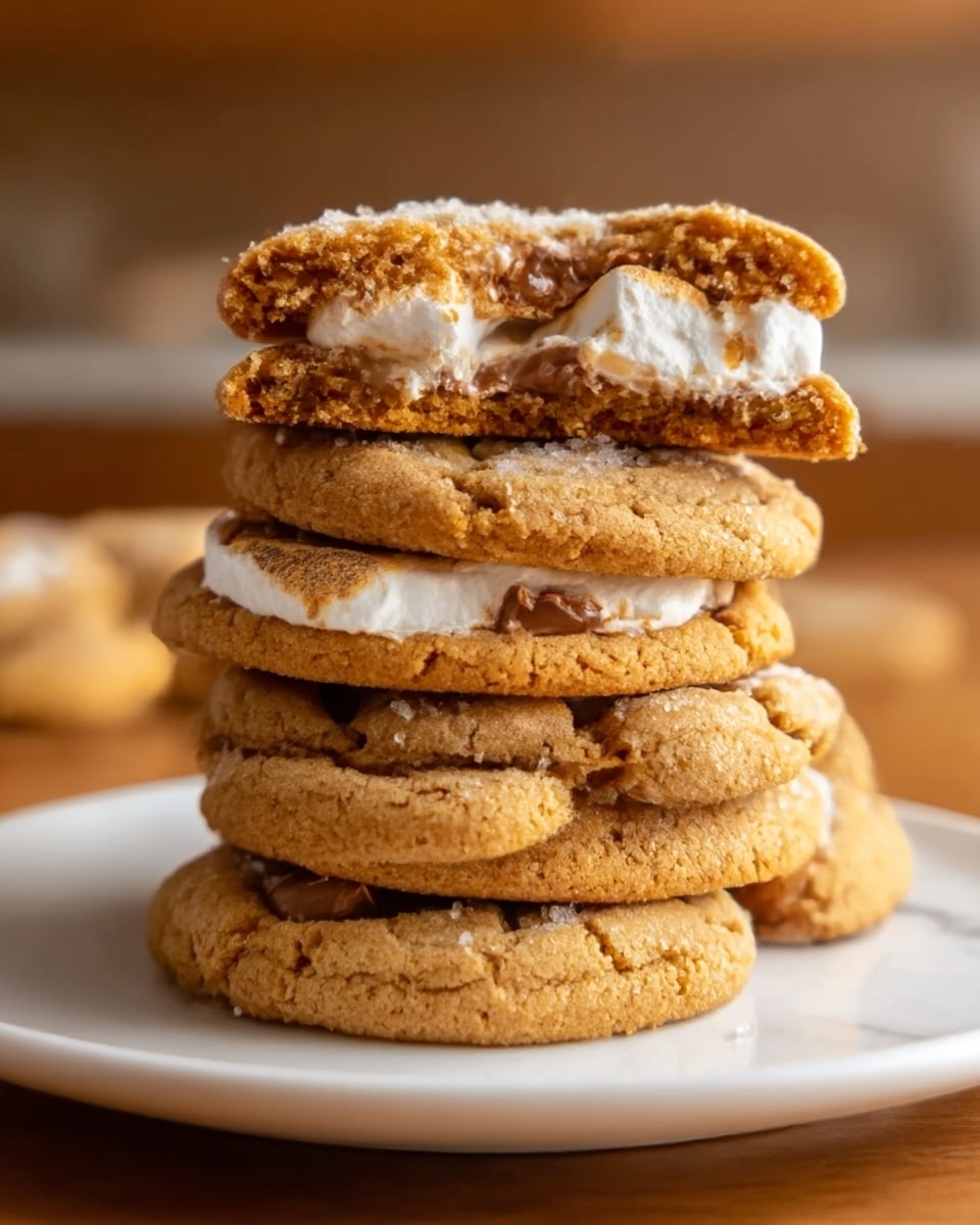 A stack of four golden-brown cookies sits on a white plate, placed on a white marbled surface. The cookies have a slightly cracked texture with visible sugar granules on top, and the top cookie has a bite taken out, showing a gooey marshmallow center and melted chocolate inside. The edges of the cookies are soft and chewy while the outside looks slightly crisp. The background is softly blurred with warm tones, emphasizing the cookies in the foreground. photo taken with an iphone --ar 4:5 --v 7