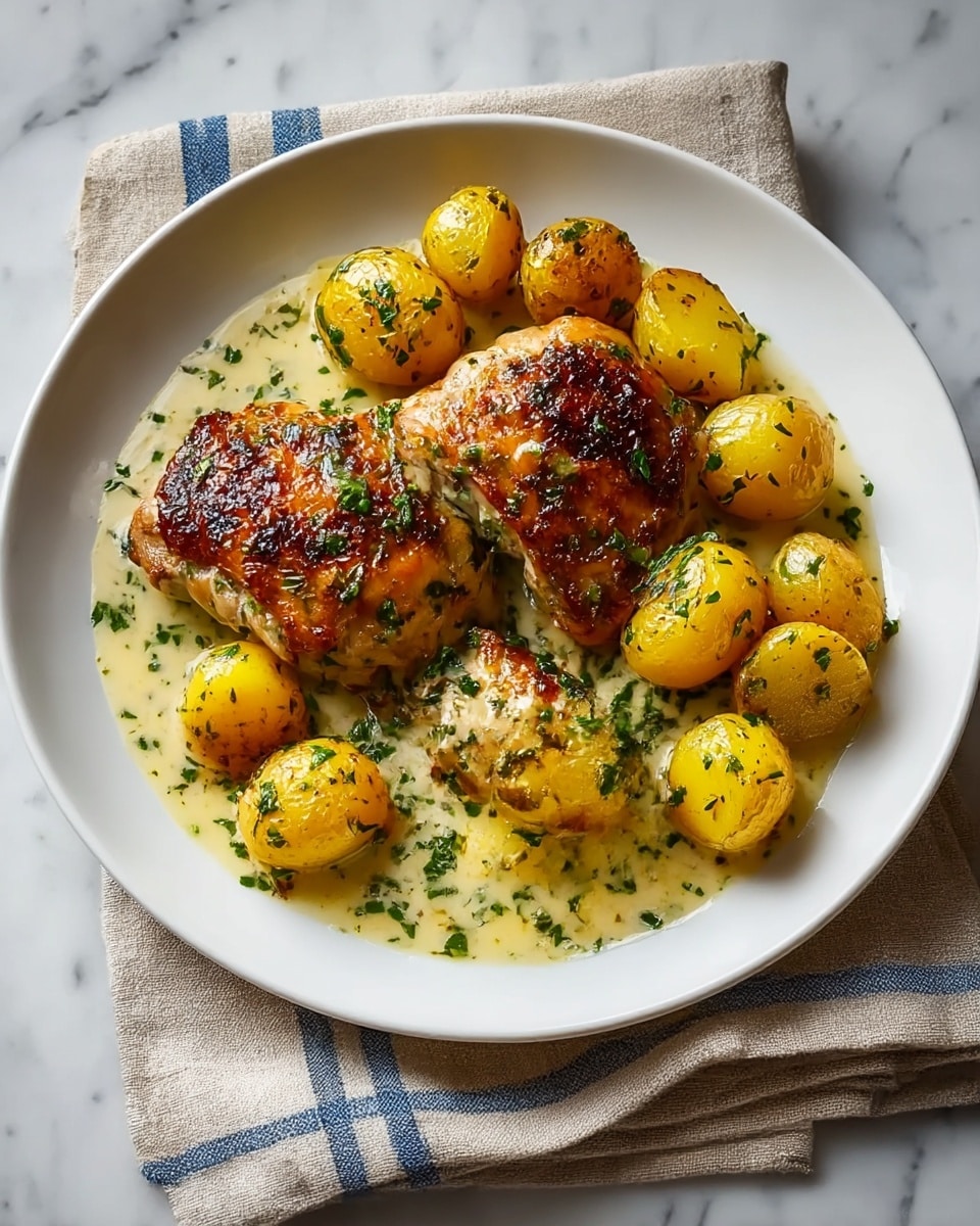 A white plate sits on a white marbled texture, holding two pieces of golden-brown roasted chicken thighs with crispy skin and herb seasoning, resting in light creamy sauce mixed with green herbs. Around the chicken are several small, yellow, roasted baby potatoes with herbs on top. A sprig of fresh thyme is placed on the plate for garnish. The plate is set on a textured tan linen cloth with blue stripes, adding a rustic feel. photo taken with an iphone --ar 4:5 --v 7