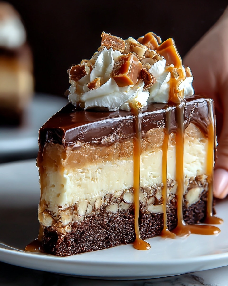 A thick slice of dessert with four clear layers sits on a white plate against a white marbled texture surface. The bottom layer is dark brown, moist, and dense chocolate cake. Above that is a creamy, smooth, off-white cheesecake layer. The third layer is a chunky caramel and nut mix that looks sticky and rich. The top layer is a shiny, dark chocolate ganache that drips slightly down the sides. On top, dollops of white whipped cream are decorated with small, chopped chocolate pieces and thick caramel sauce drizzled over everything, creating a glossy, inviting look. photo taken with an iphone --ar 4:5 --v 7