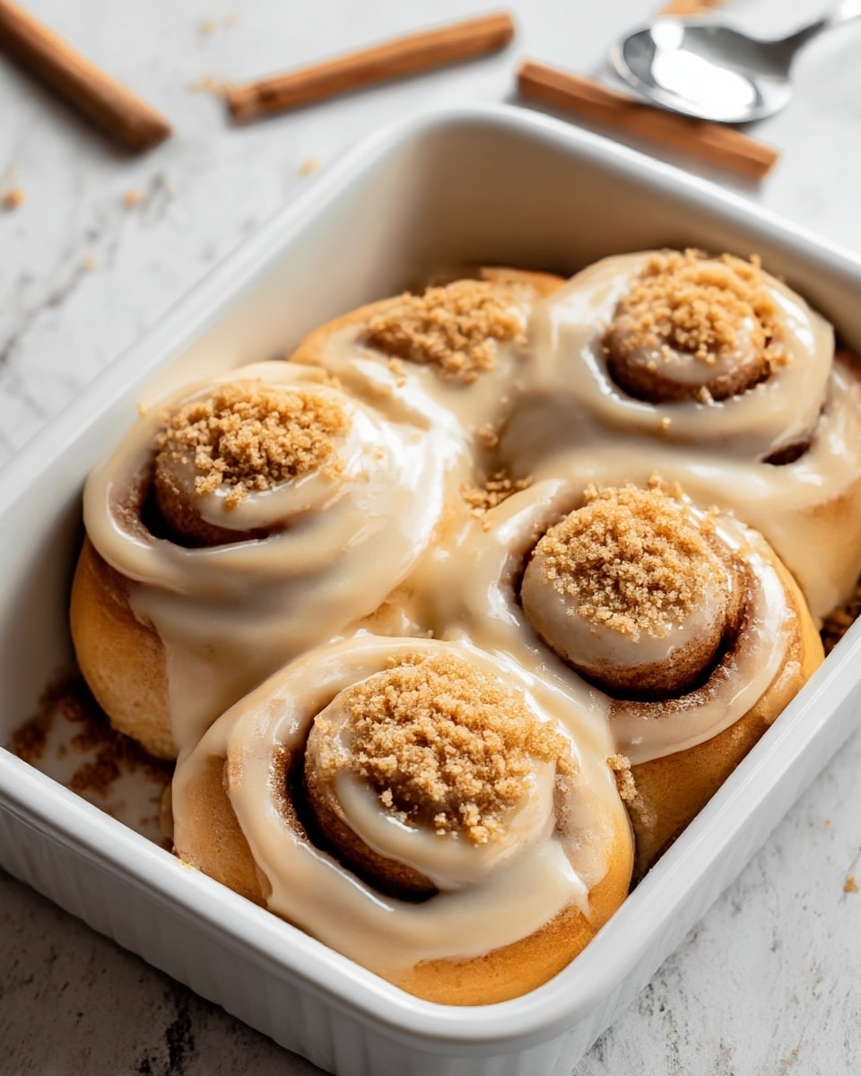 Four soft cinnamon rolls sit close together inside a white ceramic baking dish, each roll showing a thick swirl of light brown dough. They are topped with a smooth, creamy beige icing that drips slightly down the sides, and sprinkled with coarse brown sugar crumbs that add a grainy texture. The background has a white marbled texture with blurry cinnamon sticks and a silver spoon lying behind the dish. The warm lighting makes the rolls look fresh and inviting. Photo taken with an iphone --ar 4:5 --v 7