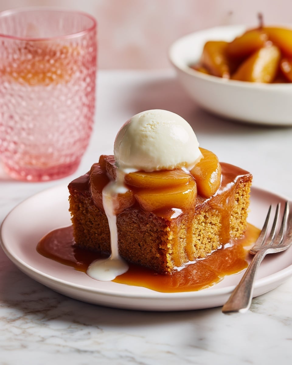A single slice of golden-brown cake with a rough texture sits on a white plate, topped by a scoop of smooth, creamy white ice cream. On and around the cake, there are soft caramel-colored sauce and peach slices. The plate is placed on a white marbled surface. In the background, there is a white bowl with more peach slices and sauce, and a textured pink glass tumbler is partially visible on the left. A silver fork lies near the plate on the right side. Photo taken with an iphone --ar 4:5 --v 7