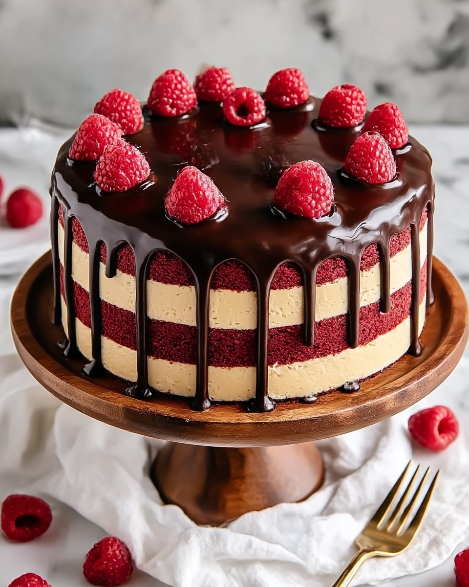 The cake has four layers, starting with a light beige layer at the bottom, followed by a red layer, another beige layer, and ending with a red layer. The outside is covered with glossy dark chocolate glaze that drips down the sides in uneven streaks. The top is decorated with bright red raspberries and dollops of thick chocolate ganache scattered between the raspberries. The cake sits on a round white plate on a dark wooden cake stand with a white marbled texture surface underneath. Some raspberries and a gold fork lie around the stand. Photo taken with an iphone --ar 4:5 --v 7