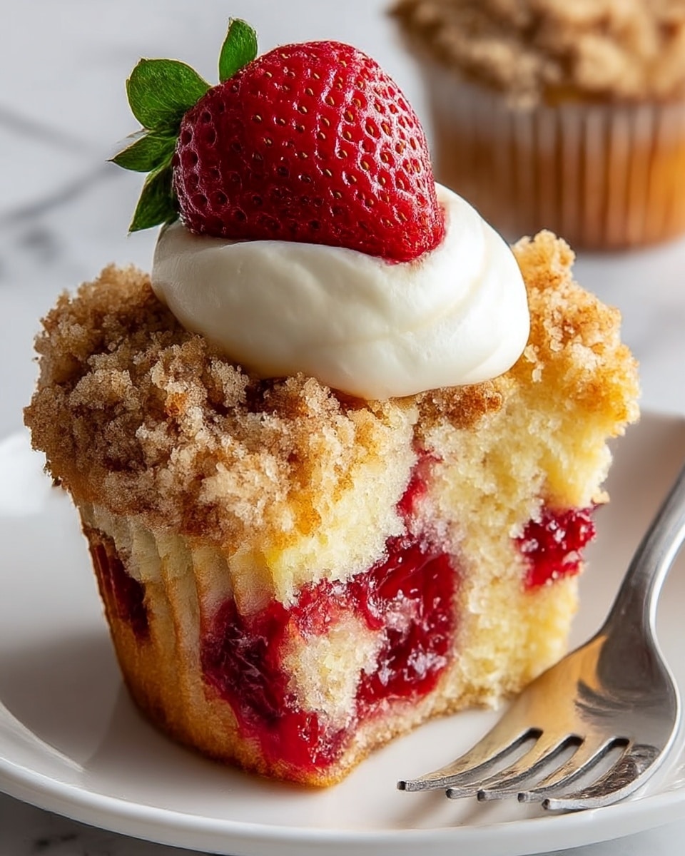 Six muffins in a dark metal muffin tray, each wrapped in light brown parchment paper that extends above the muffin edges. The muffins have a crumbly golden-brown topping with some white glaze drizzled over. Bright red raspberries are visible baked inside the muffins, adding color. Next to the tray, on a white marbled surface, is a small white bowl filled with fresh raspberries. Behind the muffins, there are yellow lemons, partly visible, adding a fresh touch in the background. The overall scene is lit by warm natural light, emphasizing the texture of the muffins and the vibrant colors of the raspberries and lemons. photo taken with an iphone --ar 4:5 --v 7