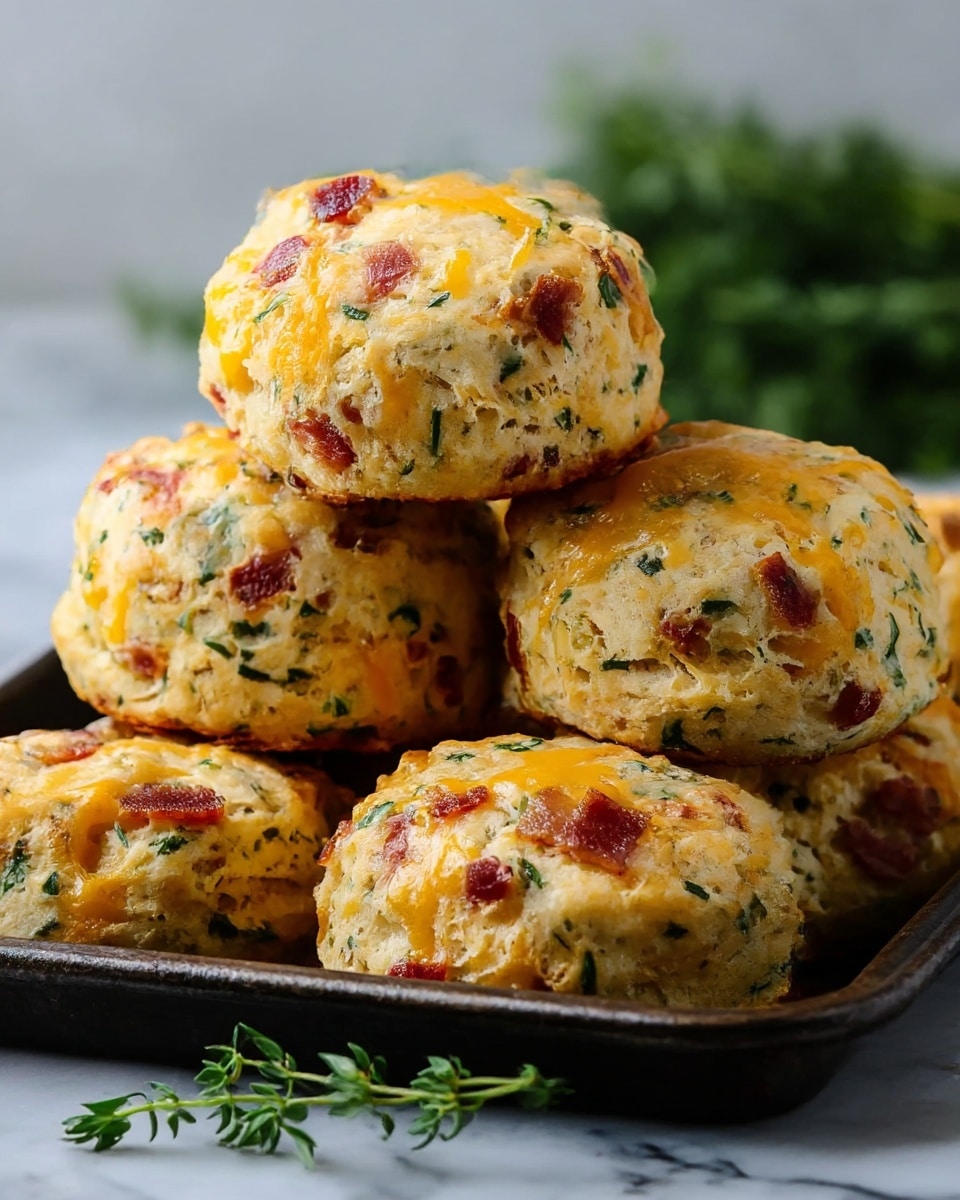The image shows a close-up of seven baked cheese and herb biscuits arranged on a dark metal tray. Each biscuit has a golden-yellow top with melted cheddar cheese visible, mixed with small green herb bits and reddish spots of bacon or sun-dried tomato within the light, fluffy dough. The biscuits have a rough, textured surface with some crispy edges. A small sprig of fresh green herbs sits casually in front of the biscuits. The background is a white marbled texture seen around the tray. photo taken with an iphone --ar 4:5 --v 7
