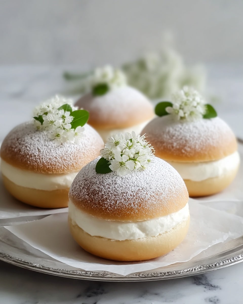 The image shows four round cream buns placed on white parchment paper on a silver plate, which sits on a white marbled surface. Each bun has two layers; the bottom layer is a light golden-brown soft bread, and the middle layer is thick white cream peeking slightly from between the bread layers. The top of each bun is dusted with white powdered sugar, creating a soft, snowy texture. On top of each bun, there is a small cluster of white flowers with green leaves. The overall look is light, soft, and fresh with a gentle mix of creamy and fluffy textures. Photo taken with an iphone --ar 4:5 --v 7