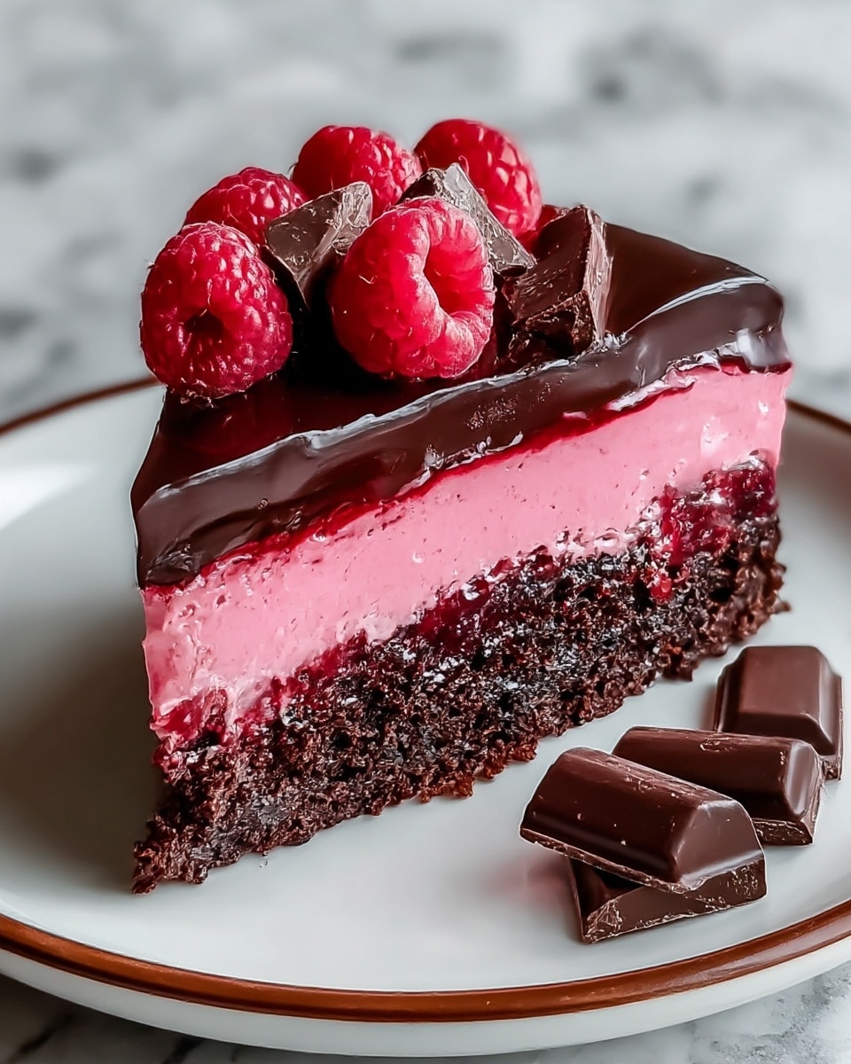 A slice of three-layered cake placed on a white plate with a thin brown rim, sitting on a white marbled texture. The bottom layer is thick, dark brown, and crumbly with a rough texture. Above it, a smooth bright pink creamy layer forms the middle section, contrasting sharply with the dark base. The top layer is a thin, shiny dark chocolate glaze, reflecting light. On top of the cake are fresh red raspberries and irregular chunks of dark chocolate, adding texture and color contrast. A few chocolate pieces also rest beside the cake on the plate. Photo taken with an iphone --ar 4:5 --v 7