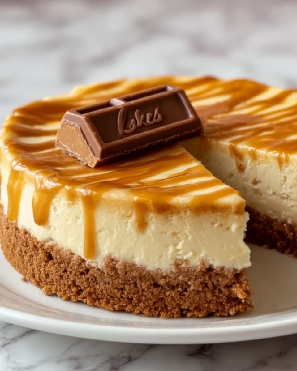 The image shows a round cheesecake with three distinct layers. The bottom layer is a thick, crumbly brown crust. The middle layer is creamy and pale yellow, smooth and thick. The top layer is light caramel sauce drizzled unevenly across the surface, with a shiny texture. In the center of the cheesecake, there is a single rectangle-shaped caramel chocolate piece placed flat. The cheesecake is on a white plate and the background is a white marbled surface. Photo taken with an iphone --ar 4:5 --v 7