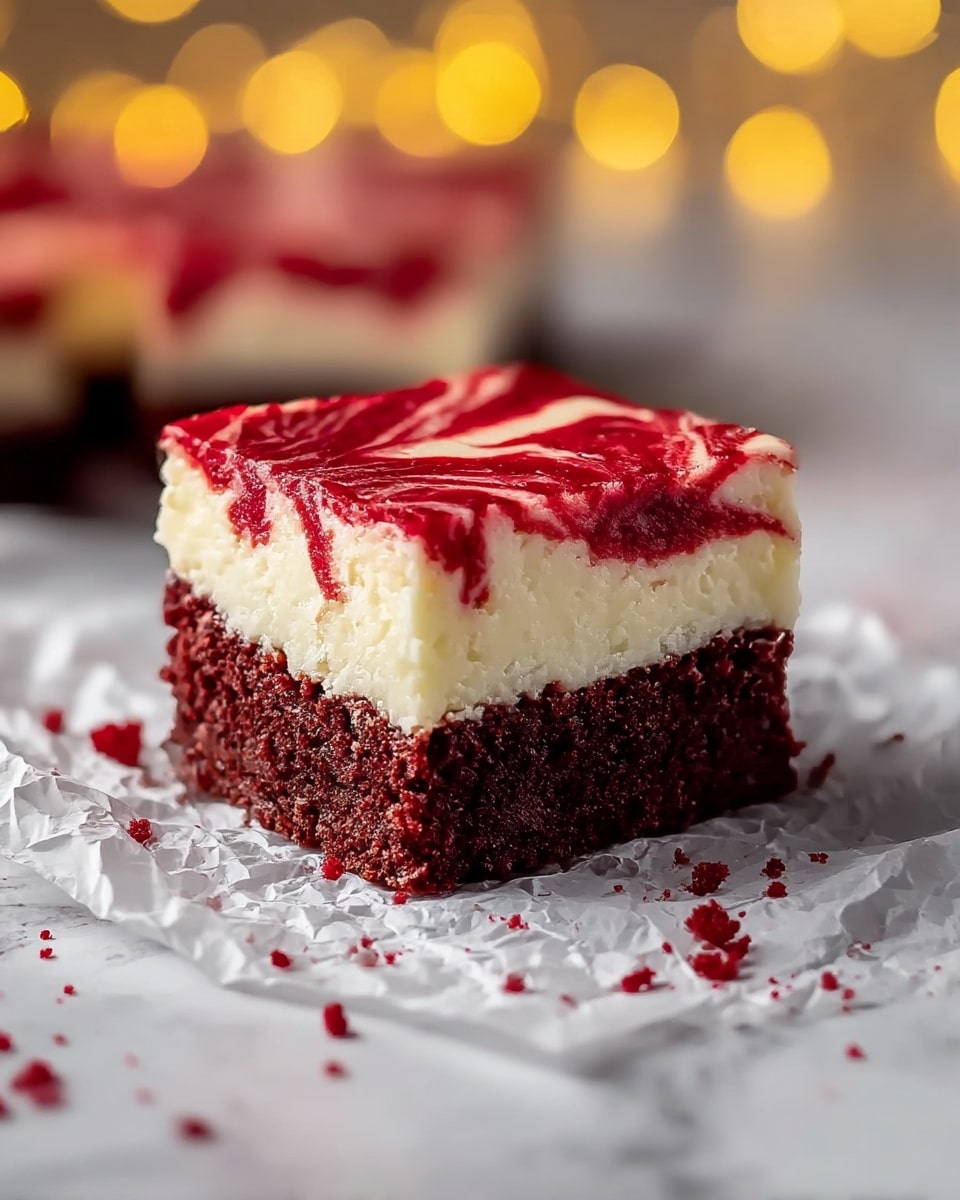 A square piece of dessert with three visible layers sits on crumpled white parchment paper, placed on a white marbled surface. The bottom layer is a dark red-brown moist cake with a soft, crumbly texture. The middle layer is a thick, creamy white cheesecake that looks smooth and dense. The top layer is a glossy, bright red swirl of sauce or glaze with a marbled pattern blending into the white layer below. Red crumbs are scattered around the dessert on the surface. The background is softly blurred, featuring warm yellow bokeh lights. photo taken with an iphone --ar 4:5 --v 7