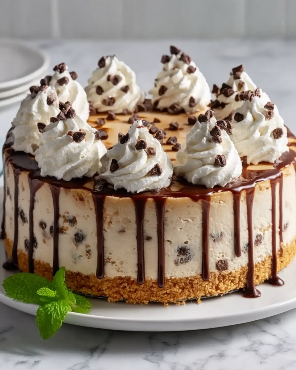 A creamy light brown cheesecake with chocolate chips mixed inside sits on a white plate on a white marbled surface. The cake has a golden brown crumbly crust at the bottom. The top layer is smooth with chocolate sauce dripping down the sides in thin streams. There are seven swirls of white whipped cream evenly spaced on top, each topped with small chocolate chips or shavings. A green mint leaf is placed on the plate near the cake. Photo taken with an iphone --ar 4:5 --v 7