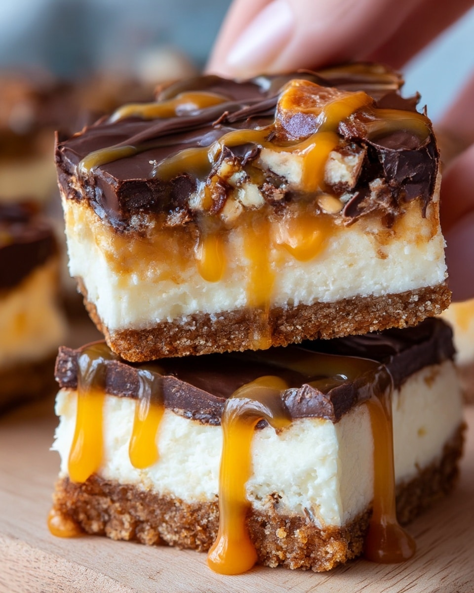 The image shows two stacked dessert bars with three clear layers. The bottom layer is a crumbly, light brown crust. The middle layer is thick, smooth, and creamy white cheesecake with visible texture. The top layer is a glossy dark chocolate layer mixed with crunchy peanut butter pieces and drizzled with golden caramel sauce that oozes down the sides. The bars are resting on a light wooden surface with a soft focus background and part of a woman's hand holding the top bar. Photo taken with an iphone --ar 4:5 --v 7
