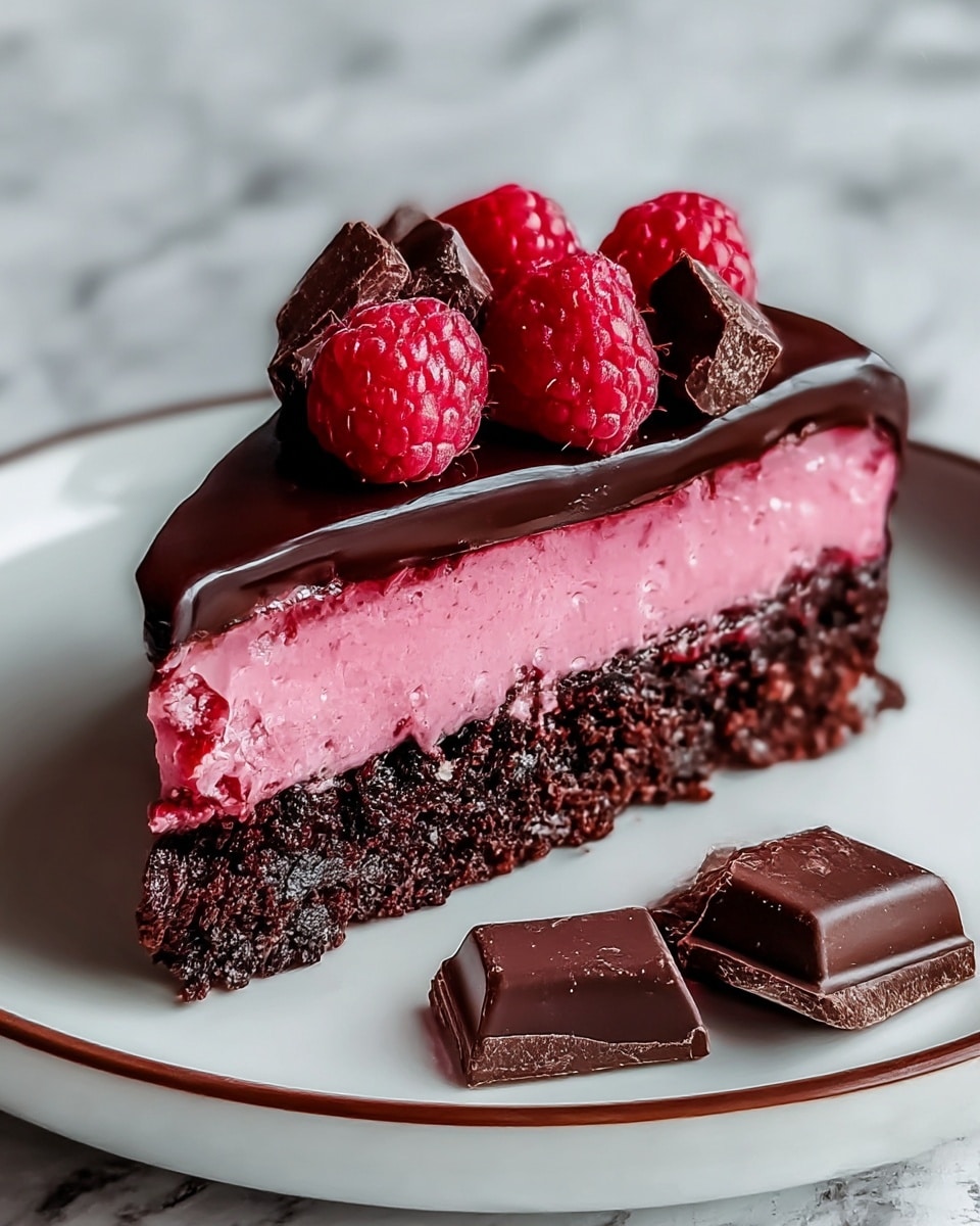 A slice of dessert features three layers: the bottom layer is a dark, crumbly chocolate cake; the middle layer is a bright pink creamy mousse with a smooth texture; the top layer is a shiny, dark chocolate glaze that covers the entire top and runs slightly down the sides. The slice is decorated with fresh whole raspberries and irregular chunks of dark chocolate on top. A few chocolate chunks are also placed on the plain white plate under and around the slice. The background is a white marbled texture. photo taken with an iphone --ar 4:5 --v 7
