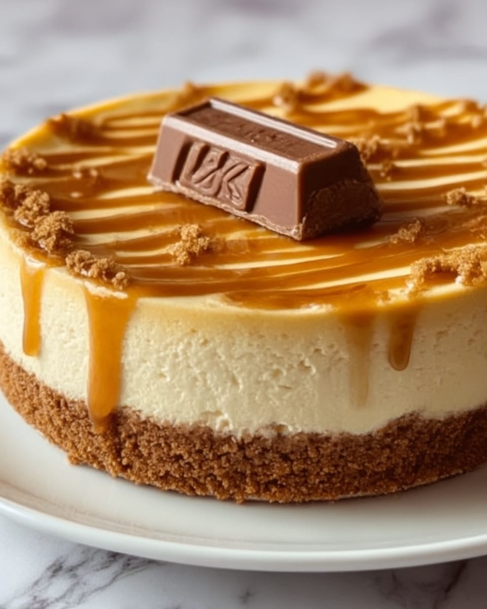 The image shows a round cheesecake with one slice taken out, revealing two clear layers. The bottom layer is thick and crumbly with a brown color, looking like a cookie or graham cracker crust. The top layer is creamy and pale yellow, smooth in texture. There is a shiny golden caramel sauce drizzled in a wavy pattern over the cheesecake’s surface. On top, placed in the center, is a rectangular biscuit or cookie with a light brown color and embossed text. The cake sits on a white plate with some crumbs around it, all set on a white marbled surface. Photo taken with an iphone --ar 4:5 --v 7