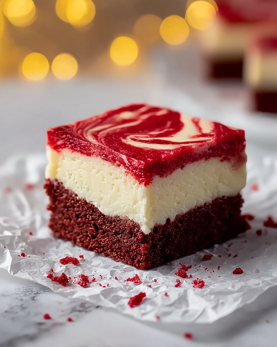 This image shows a close-up of a square piece of red velvet cheesecake brownie with three visible layers. The bottom layer is thick, dark red velvet brownie with a slightly crumbly texture. The middle layer is creamy and white cheesecake, smooth and dense. The top layer is a thin red velvet swirl, glossy and marbled with white cheesecake, creating a pattern on the surface. The brownie piece has a small bite taken out of one corner, showing the moist inside. It rests on a piece of crumpled white parchment paper over a white marbled surface. In the background, there are blurred pieces of similar brownies and soft yellow light bokeh. Photo taken with an iphone --ar 4:5 --v 7