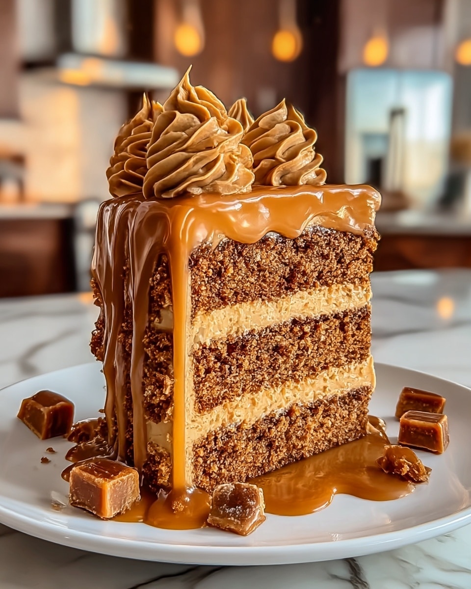 A thick slice of three-layered cake sits on a white plate with a subtle floral pattern, placed on a white marbled surface. The bottom, middle, and top layers are dense, crumbly cake in a rich brown color. Between the cake layers are two smooth, creamy fillings in a lighter caramel brown shade. The cake is covered with a shiny, thick caramel glaze that drips down the sides, pooling on the plate below. On top, there are five piped rosettes of the caramel filling, neatly arranged in a row. The background is softly blurred with hints of a kitchen setting. photo taken with an iphone --ar 4:5 --v 7